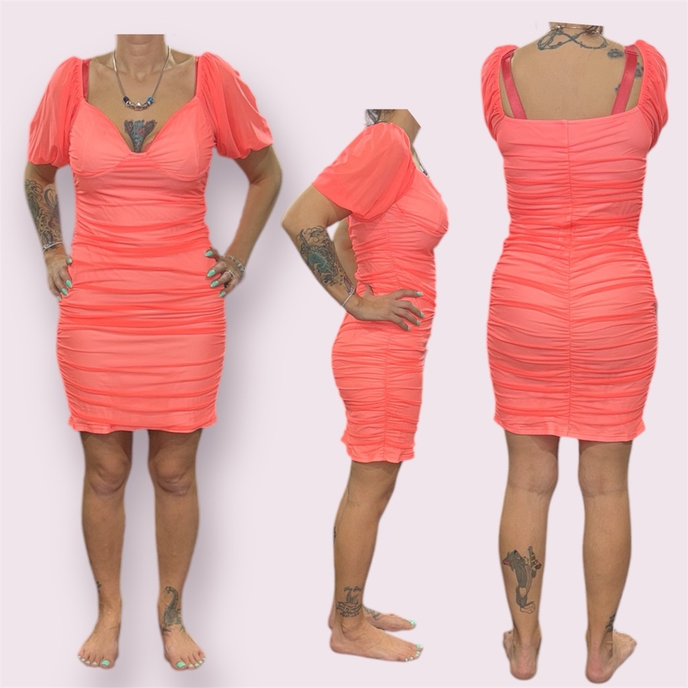 Coral Ruched Bodycon Dress